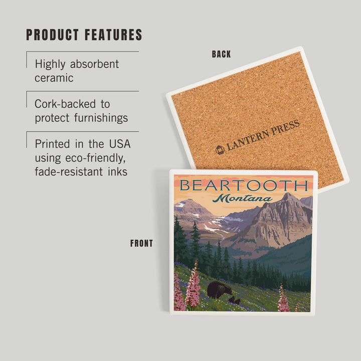 Beartooth, Montana, Painterly, Bear and Spring Flowers, Coasters Coasters Lantern Press 