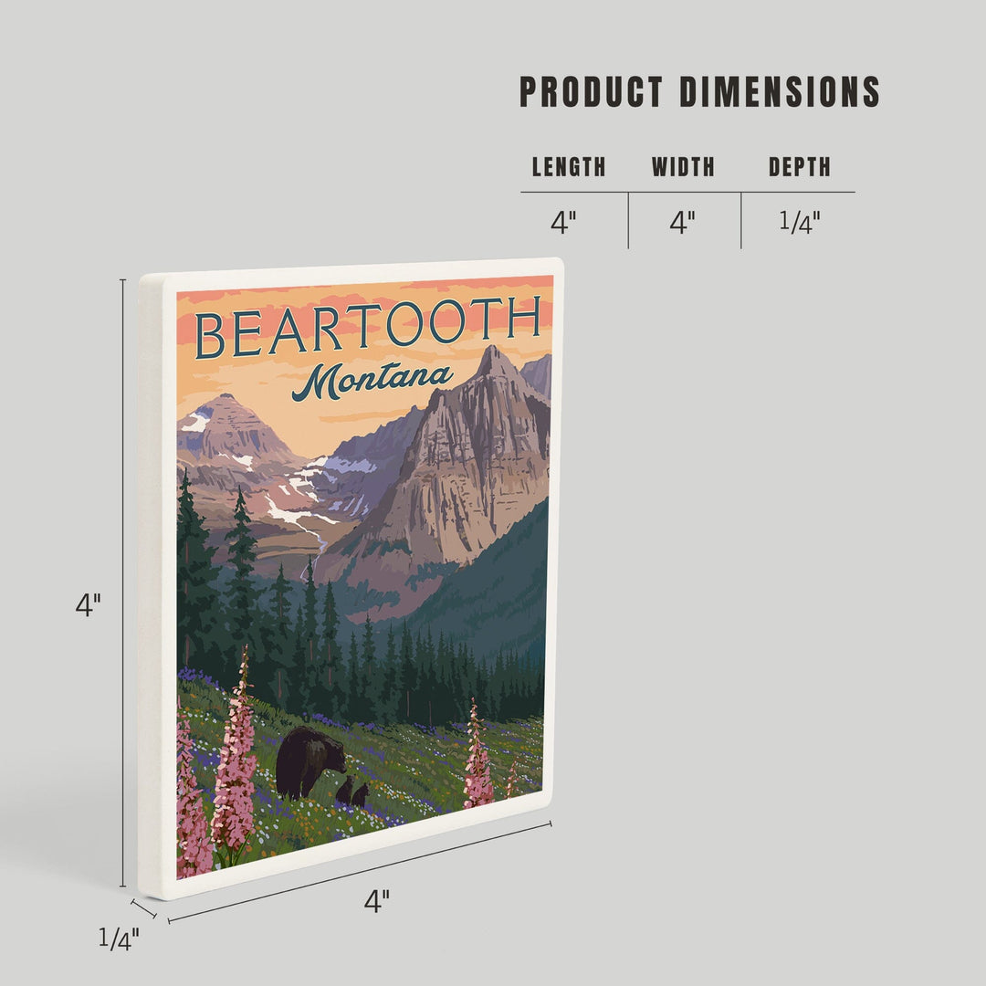 Beartooth, Montana, Painterly, Bear and Spring Flowers, Coasters Coasters Lantern Press 