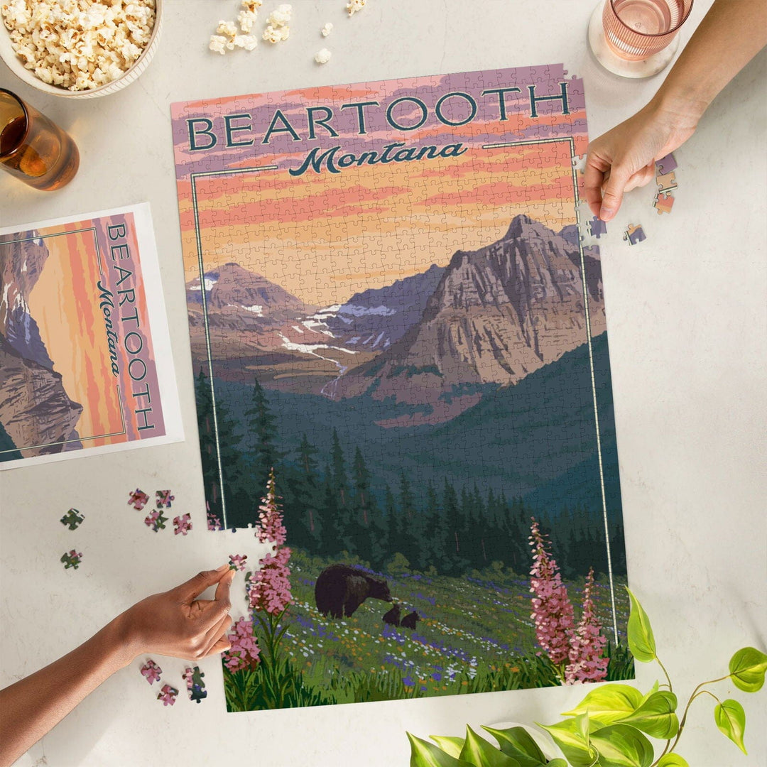 Beartooth, Montana, Painterly, Bear and Spring Flowers, Jigsaw Puzzle Puzzle Lantern Press 