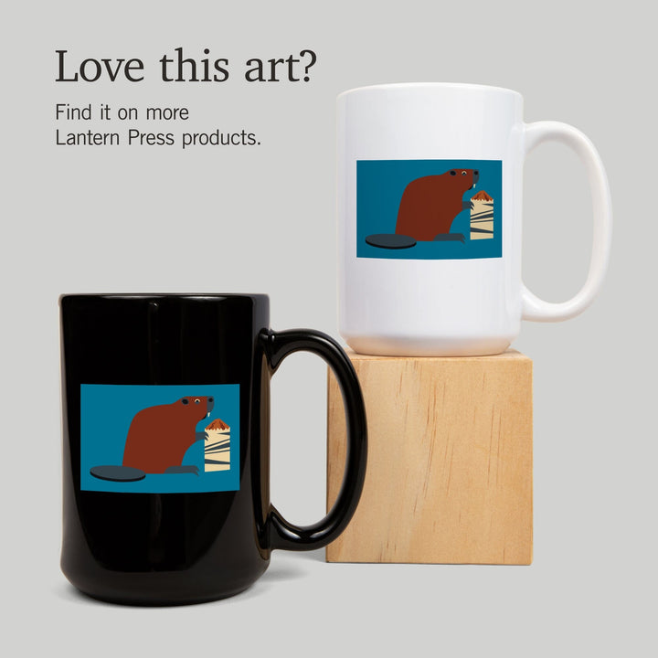 Beaver and Log, Geometric, Contour, Lantern Press Artwork, Ceramic Mug Mugs Lantern Press 