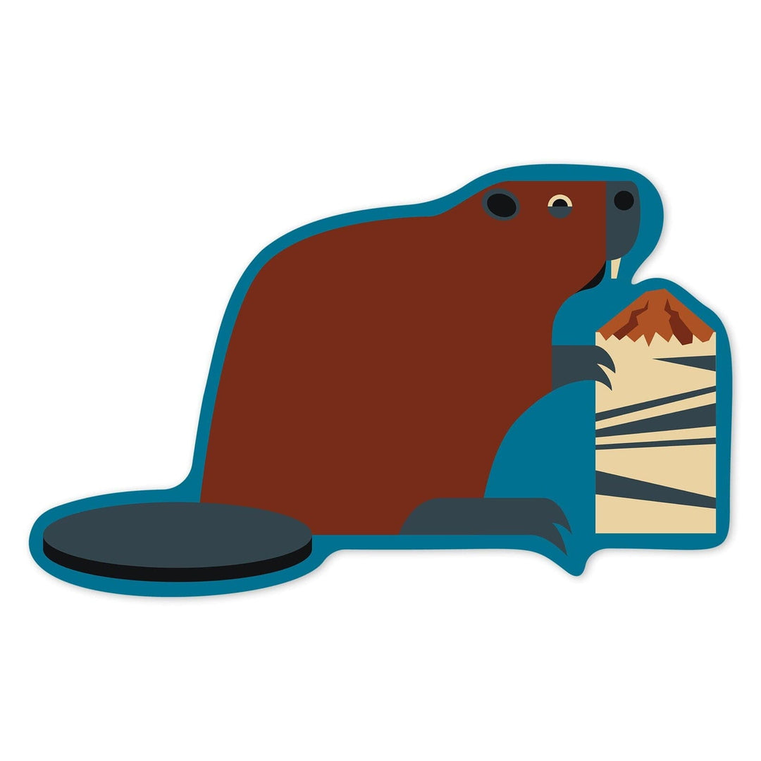 Beaver and Log, Geometric, Contour, Lantern Press Artwork, Vinyl Sticker Sticker Lantern Press 