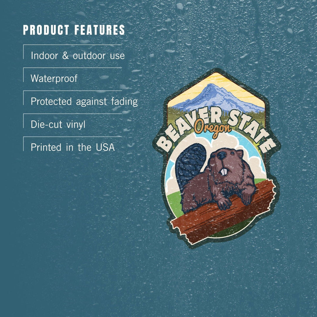 Beaver State, Oregon, Beaver & Mountain, Contour, Lantern Press Artwork, Vinyl Sticker Sticker Lantern Press 