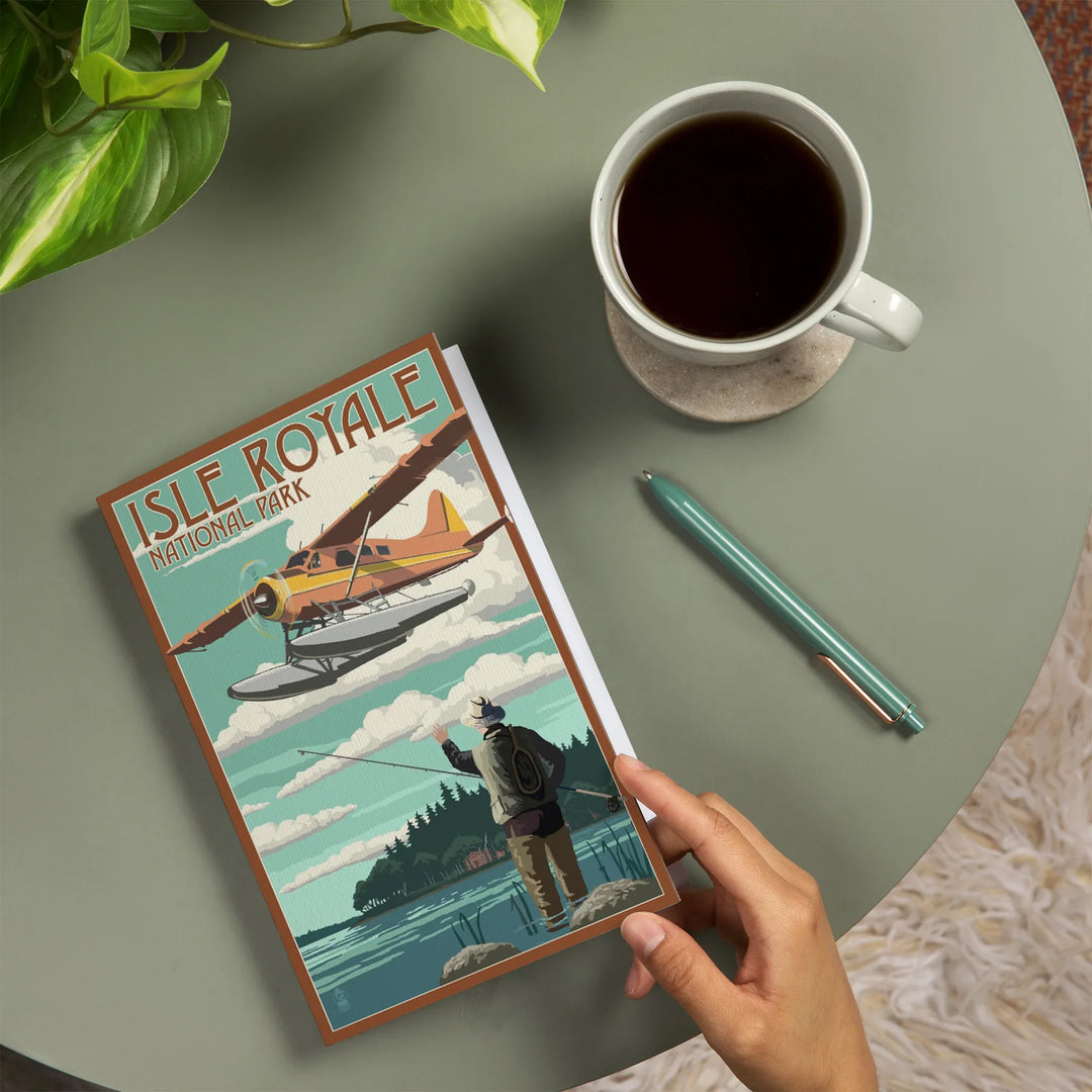 Lined 6x9 Journal, Isle Royale National Park, Michigan, Float Plane and Fisherman, Lay Flat, 193 Pages, FSC paper