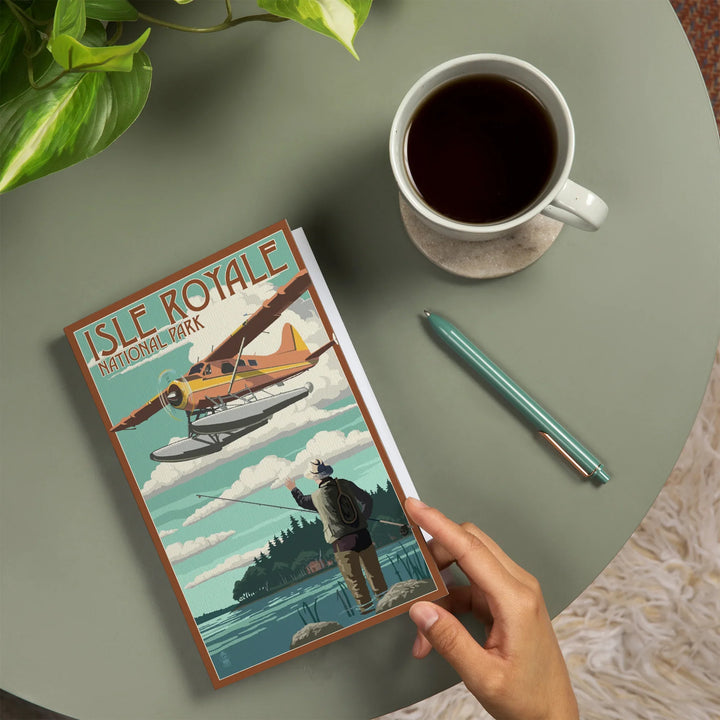 Lined 6x9 Journal, Isle Royale National Park, Michigan, Float Plane and Fisherman, Lay Flat, 193 Pages, FSC paper
