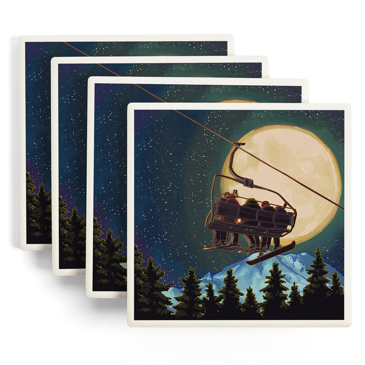 Ski Lift and Full Moon with Snowboarder, Coasters