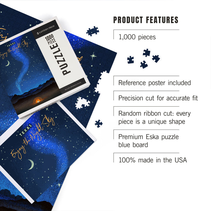 Texas, Camping Scene, Tent and Night Sky, Mid-Century Style, 1000 Piece Jigsaw Puzzle