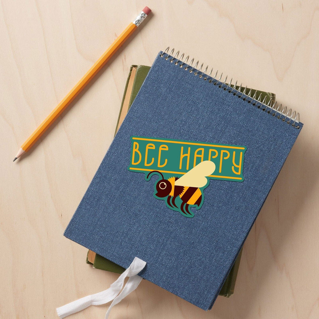 Bee Happy, Bee, Geometric, Contour, Lantern Press Artwork, Vinyl Sticker Sticker Lantern Press 