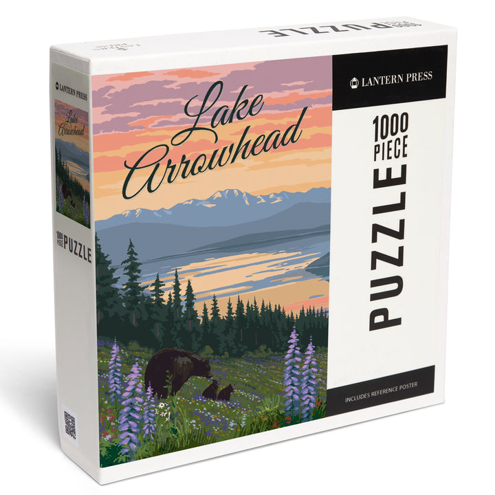 Lake Arrowhead, California, Black Bear and Cubs with Flowers, 1000 Piece Jigsaw Puzzle