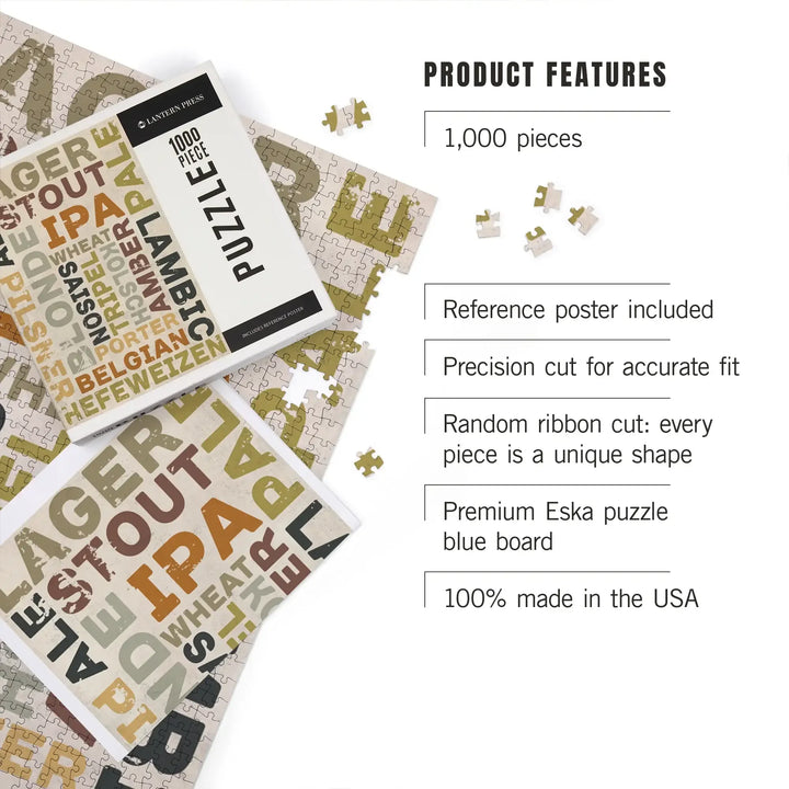 Beer Typography, Types of Beer, Jigsaw Puzzle Puzzle Lantern Press 