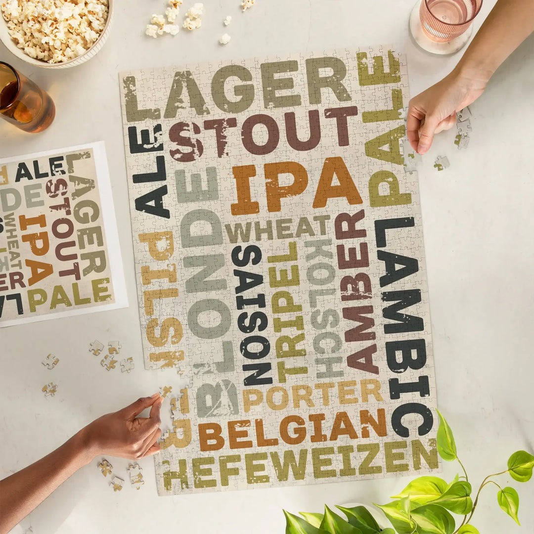 Beer Typography, Types of Beer, Jigsaw Puzzle Puzzle Lantern Press 