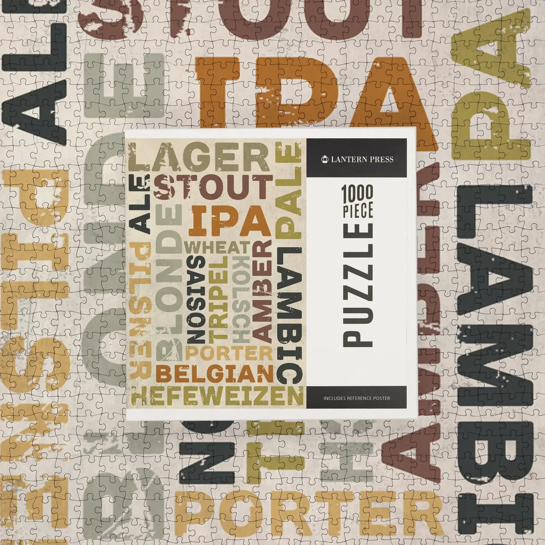 Beer Typography, Types of Beer, Jigsaw Puzzle Puzzle Lantern Press 