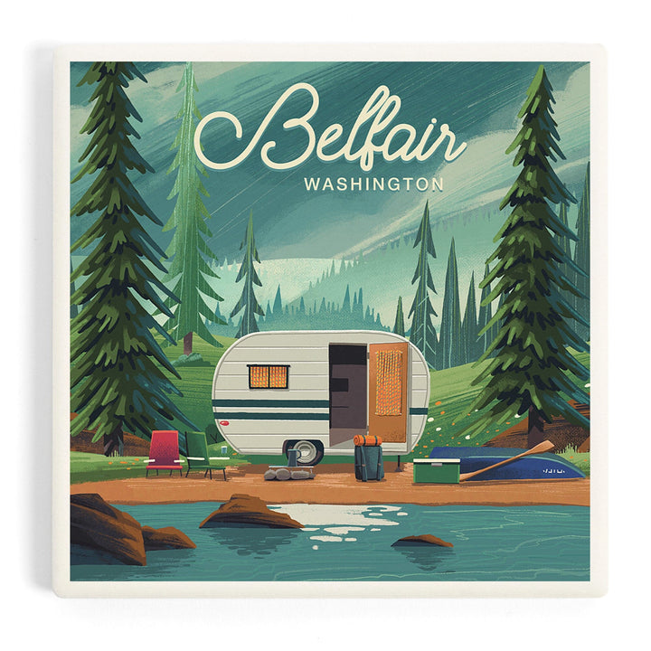 Belfair, Washington, Get Outside Series, Outdoor Activity, At Home Anywhere, Camper in Evergreens, Coasters Coasters Lantern Press 
