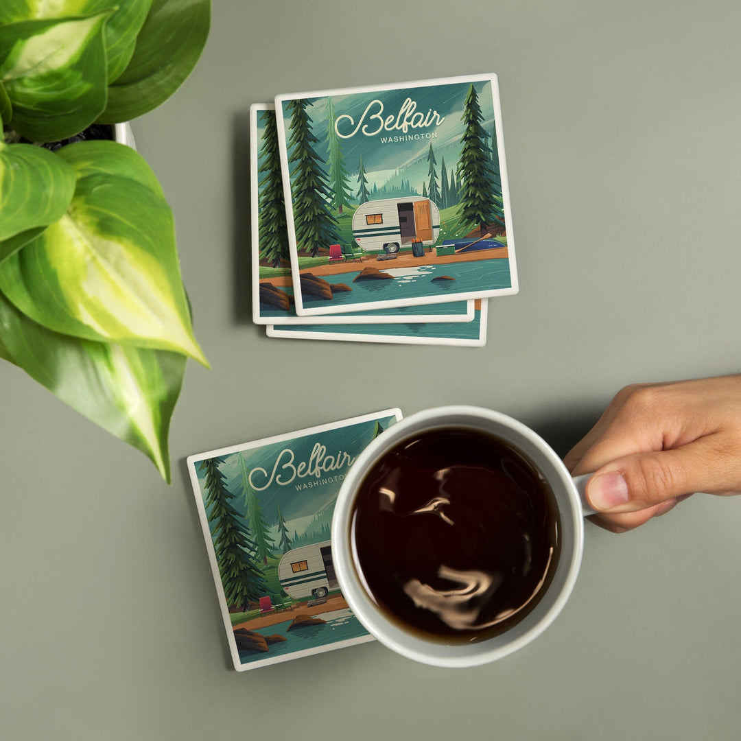 Belfair, Washington, Get Outside Series, Outdoor Activity, At Home Anywhere, Camper in Evergreens, Coasters Coasters Lantern Press 