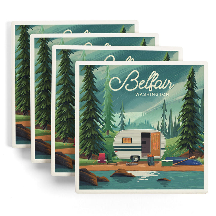 Belfair, Washington, Get Outside Series, Outdoor Activity, At Home Anywhere, Camper in Evergreens, Coasters Coasters Lantern Press 