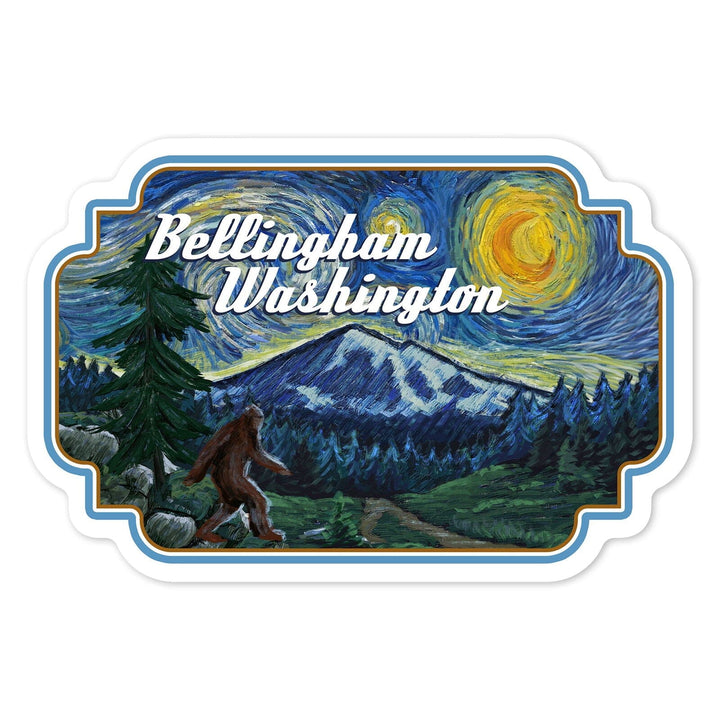 Bellingham, Washington, Bigfoot, Starry Night, Contour, Vinyl Sticker Sticker Lantern Press 