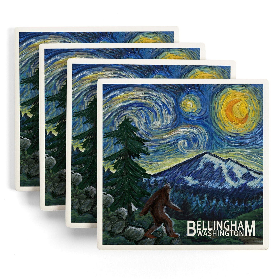 Bellingham, Washington, Bigfoot, Starry Night, Lantern Press Artwork, Coaster Set Coasters Lantern Press 