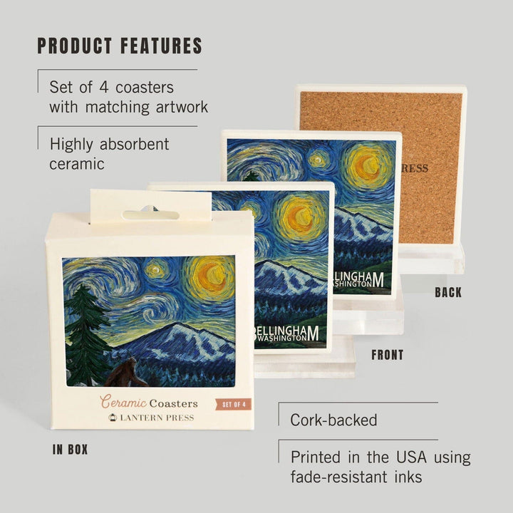 Bellingham, Washington, Bigfoot, Starry Night, Lantern Press Artwork, Coaster Set Coasters Lantern Press 