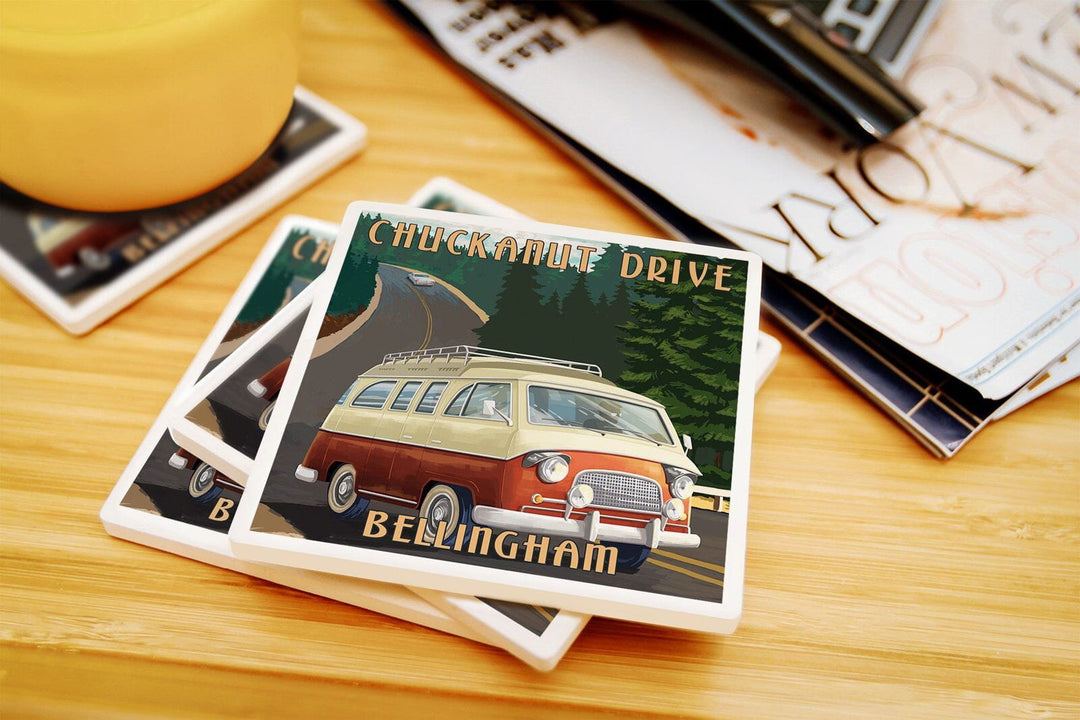 Bellingham, Washington, Chuckanut Drive, Camper Van, Lantern Press Artwork, Coaster Set Coasters Lantern Press 