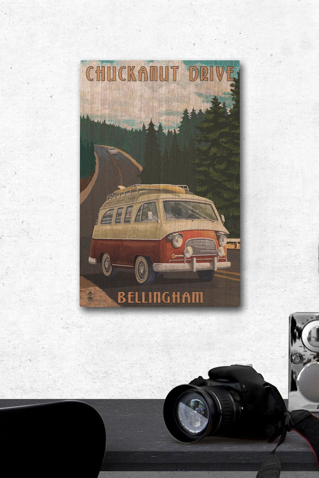 Bellingham, Washington, Chuckanut Drive, Camper Van, Lantern Press Artwork, Wood Signs and Postcards Wood Lantern Press 12 x 18 Wood Gallery Print 