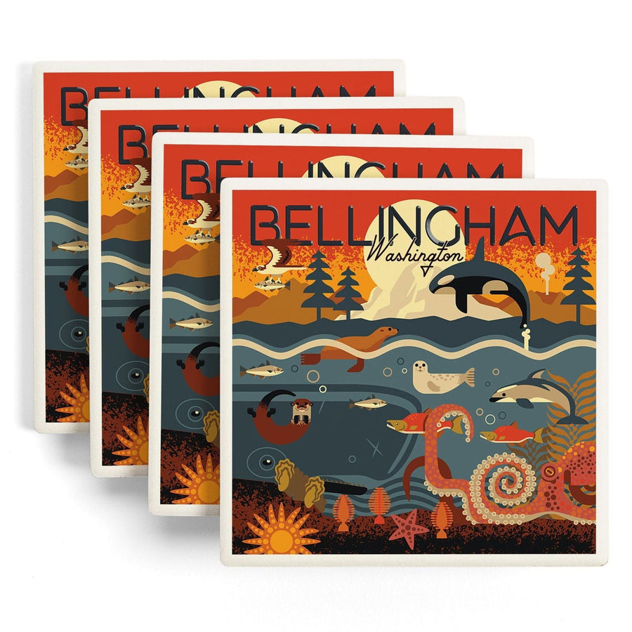 Bellingham, Washington, Marine Animals, Geometric, Lantern Press Artwork, Coaster Set Coasters Lantern Press 