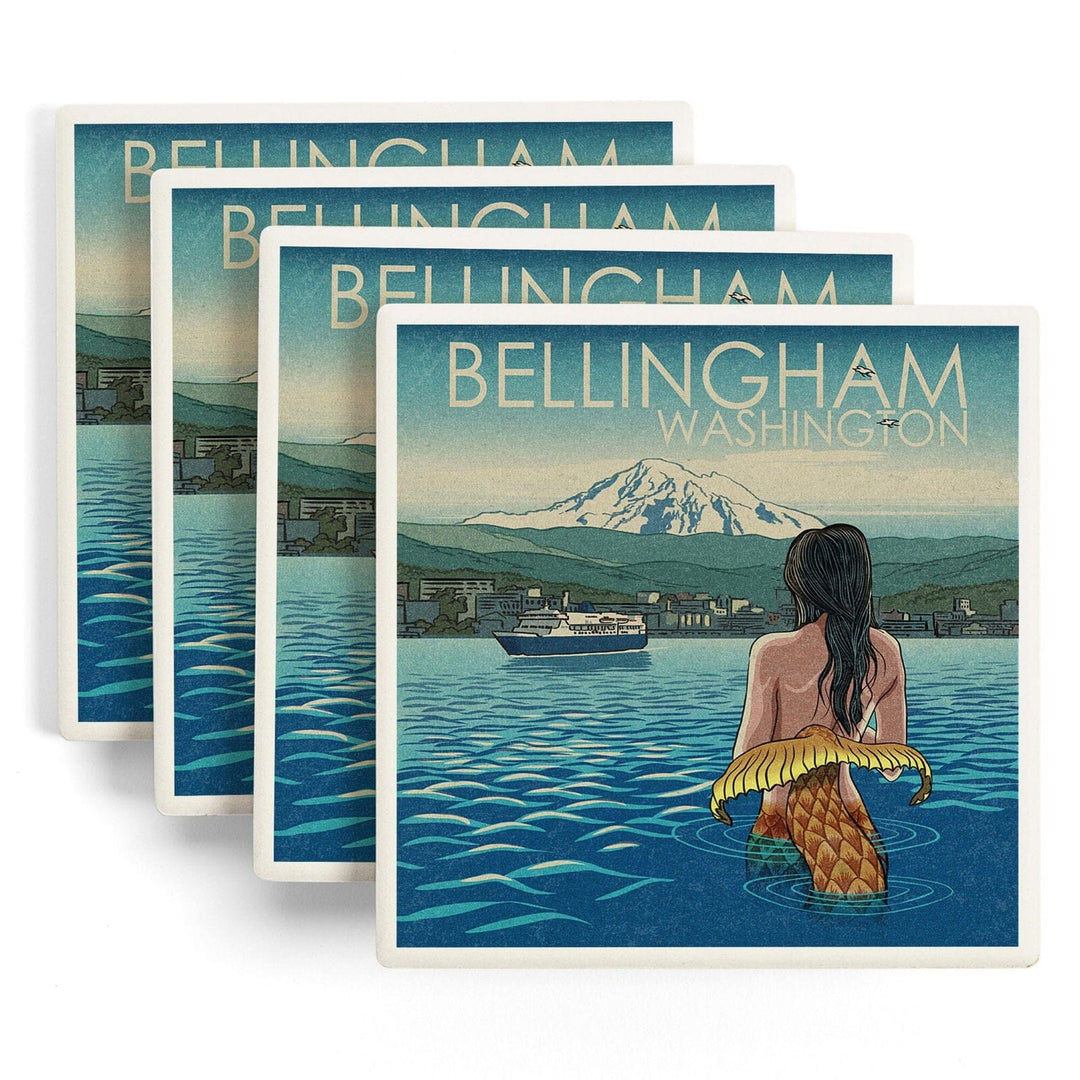 Bellingham, Washington, Mermaid & Mount Baker, Lantern Press Artwork, Coaster Set Coasters Lantern Press 