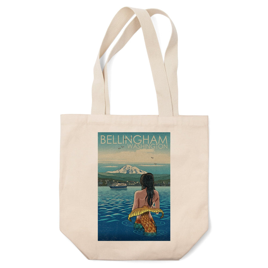 Bellingham, Washington, Mermaid & Mount Baker, Lantern Press Artwork, Tote Bag Totes Lantern Press 