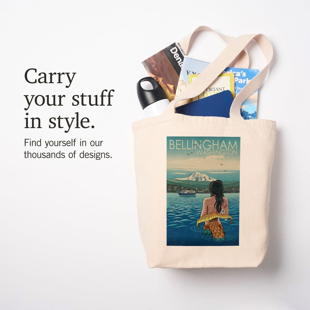 Bellingham, Washington, Mermaid & Mount Baker, Lantern Press Artwork, Tote Bag Totes Lantern Press 