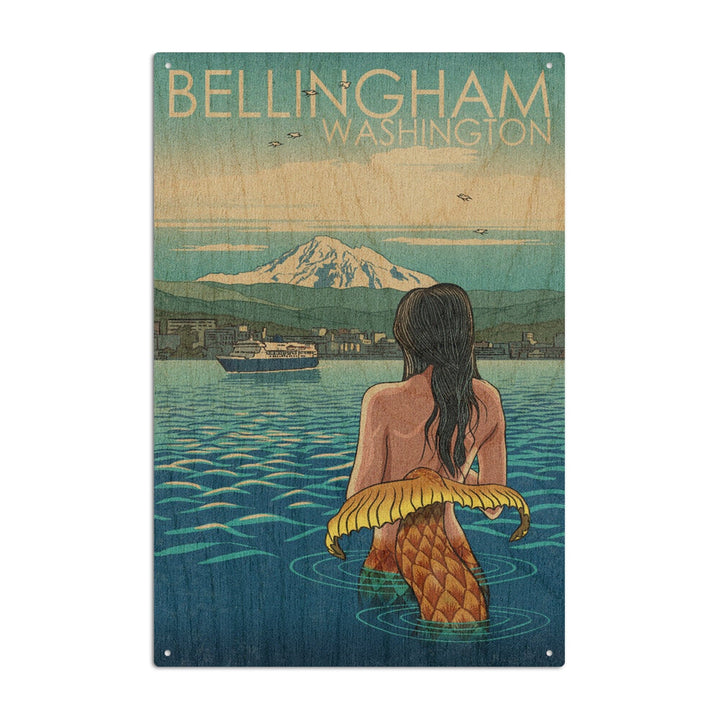Bellingham, Washington, Mermaid & Mount Baker, Lantern Press Artwork, Wood Signs and Postcards Wood Lantern Press 10 x 15 Wood Sign 