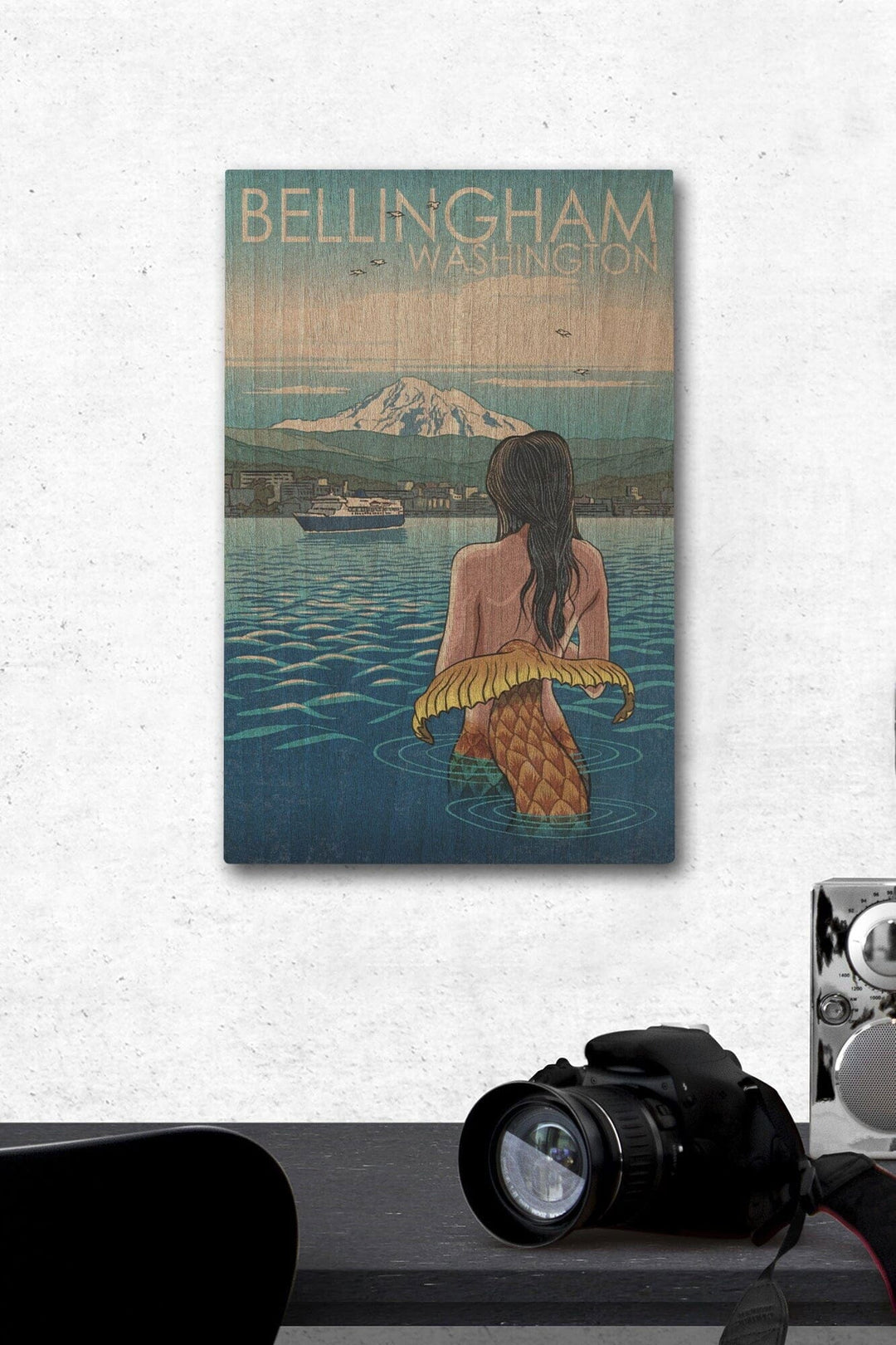 Bellingham, Washington, Mermaid & Mount Baker, Lantern Press Artwork, Wood Signs and Postcards Wood Lantern Press 12 x 18 Wood Gallery Print 