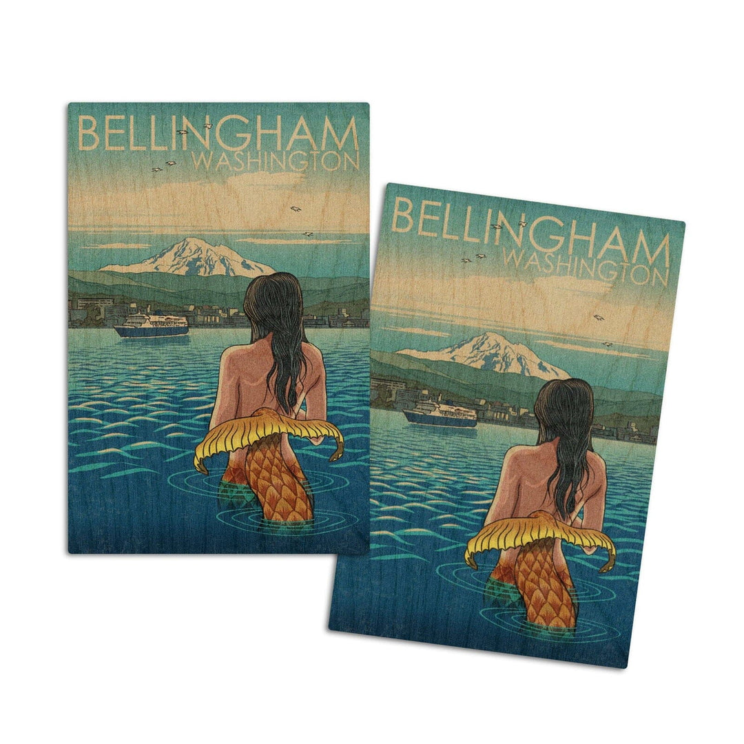 Bellingham, Washington, Mermaid & Mount Baker, Lantern Press Artwork, Wood Signs and Postcards Wood Lantern Press 4x6 Wood Postcard Set 