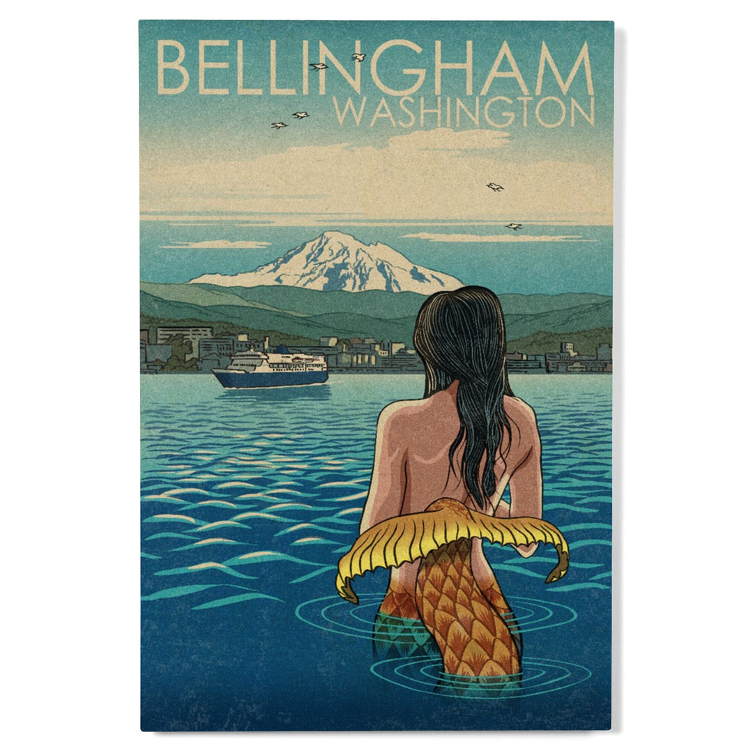 Bellingham, Washington, Mermaid & Mount Baker, Lantern Press Artwork, Wood Signs and Postcards Wood Lantern Press 