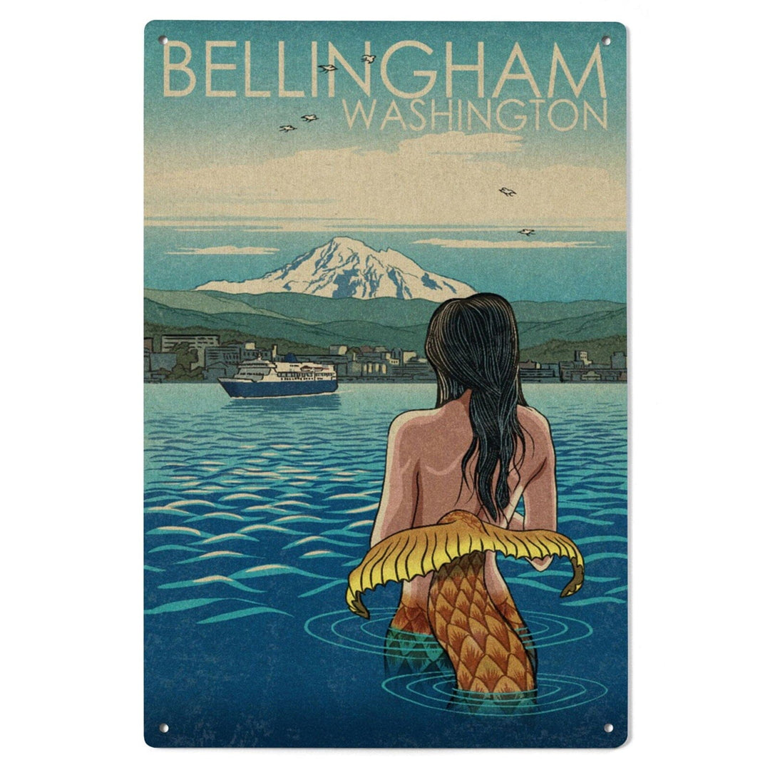 Bellingham, Washington, Mermaid & Mount Baker, Lantern Press Artwork, Wood Signs and Postcards Wood Lantern Press 