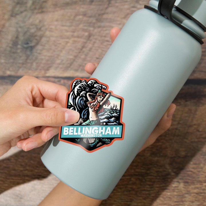 Bellingham, Washington, Mermaid, Scratchboard, Contour, Vinyl Sticker Sticker Lantern Press 