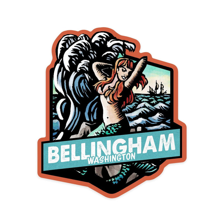 Bellingham, Washington, Mermaid, Scratchboard, Contour, Vinyl Sticker Sticker Lantern Press 