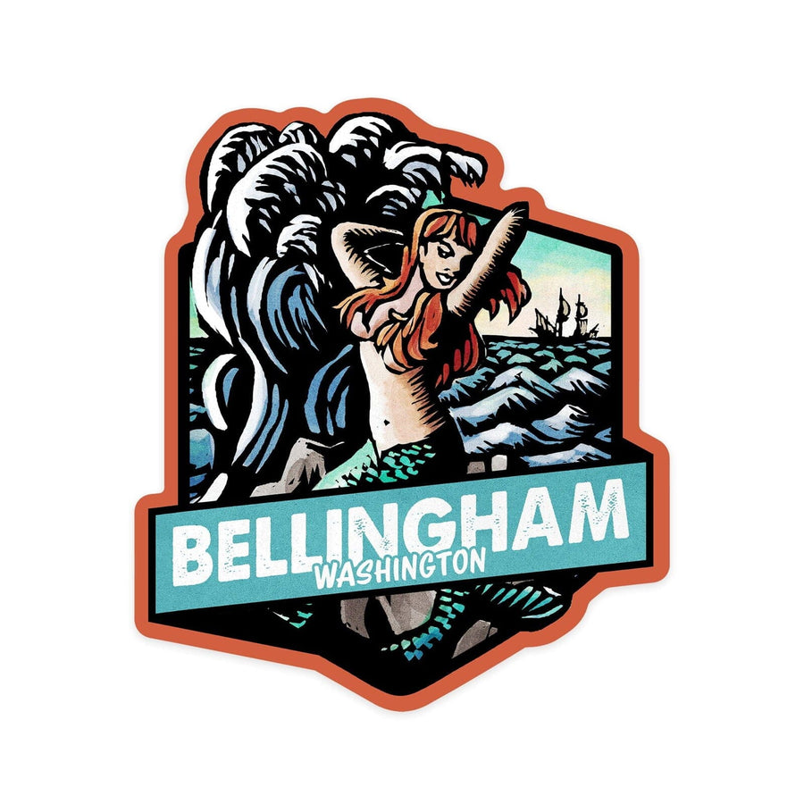 Bellingham, Washington, Mermaid, Scratchboard, Contour, Vinyl Sticker Sticker Lantern Press 