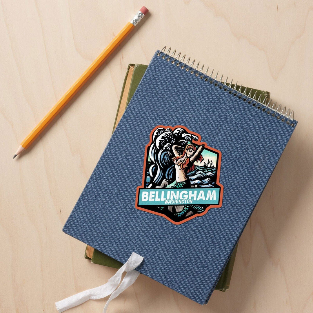 Bellingham, Washington, Mermaid, Scratchboard, Contour, Vinyl Sticker Sticker Lantern Press 