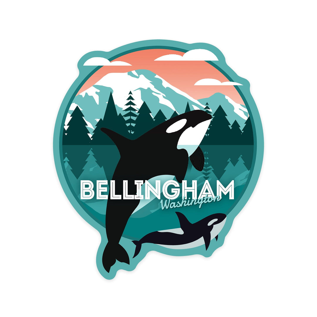 Bellingham, Washington, Orca Whale and Calf, Vector, Contour, Lantern Press Artwork, Vinyl Sticker Sticker Lantern Press 