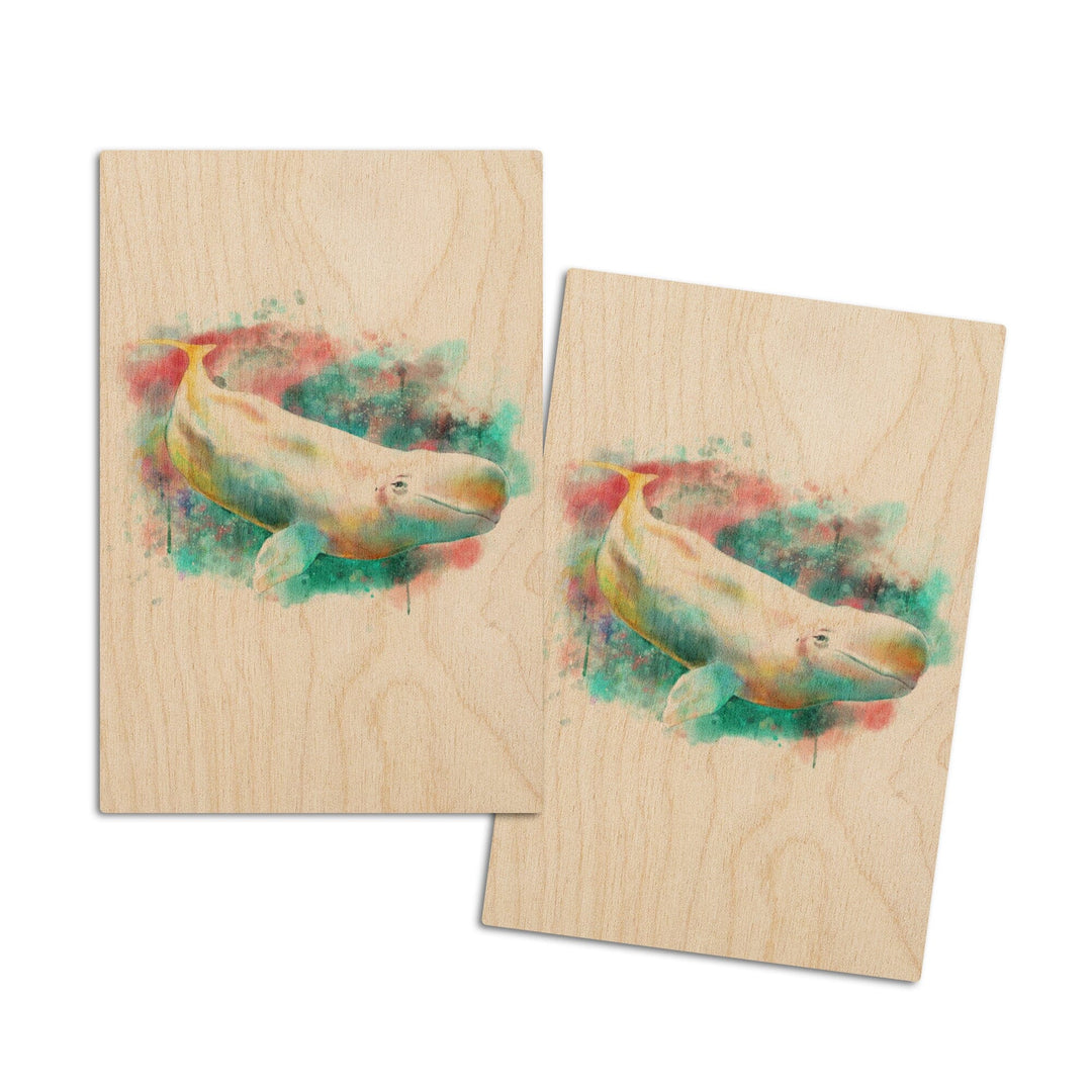 Beluga Whale, Watercolor, Lantern Press Artwork, Wood Signs and Postcards Wood Lantern Press 4x6 Wood Postcard Set 