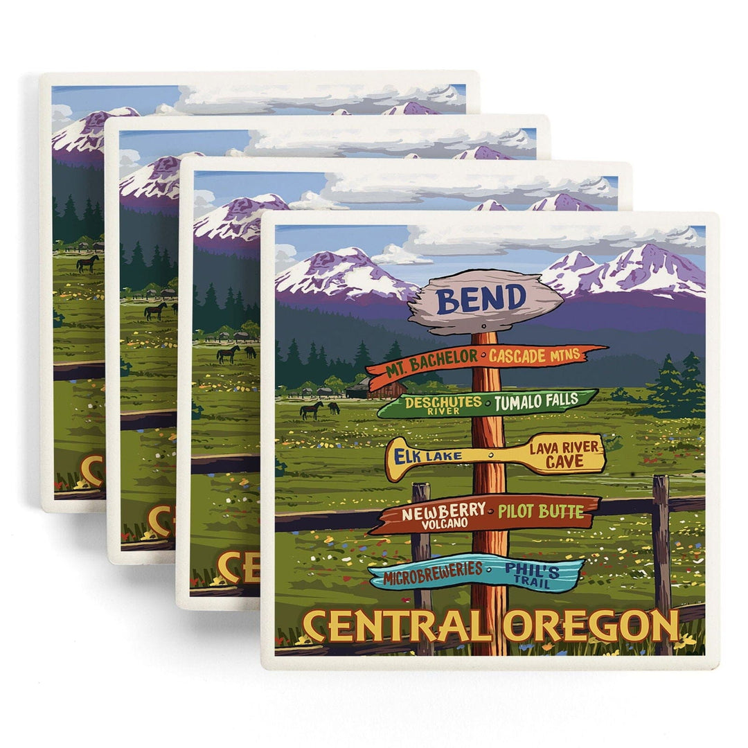 Bend, Central Oregon, Destination Signpost, Lantern Press Artwork, Coaster Set Coasters Lantern Press 