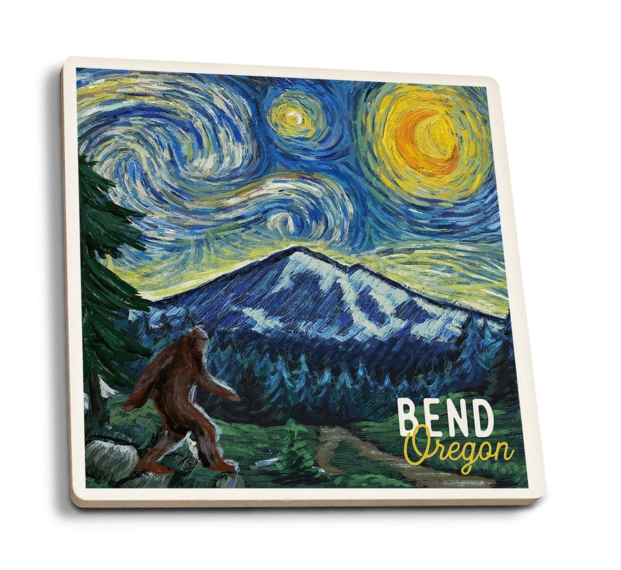 Bend, Oregon, Bigfoot, Starry Night, Lantern Press Artwork, Coaster Set Coasters Lantern Press 