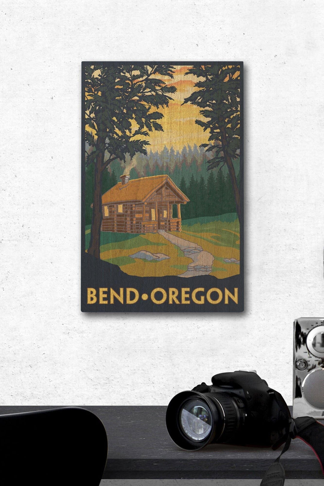 Bend, Oregon, Cabin in the Woods Scene, Lantern Press Artwork, Wood Signs and Postcards Wood Lantern Press 12 x 18 Wood Gallery Print 