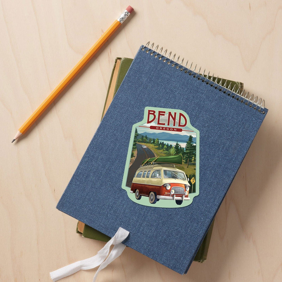 Bend, Oregon, Camper Van and Lake, Contour, Vinyl Sticker Sticker Lantern Press 
