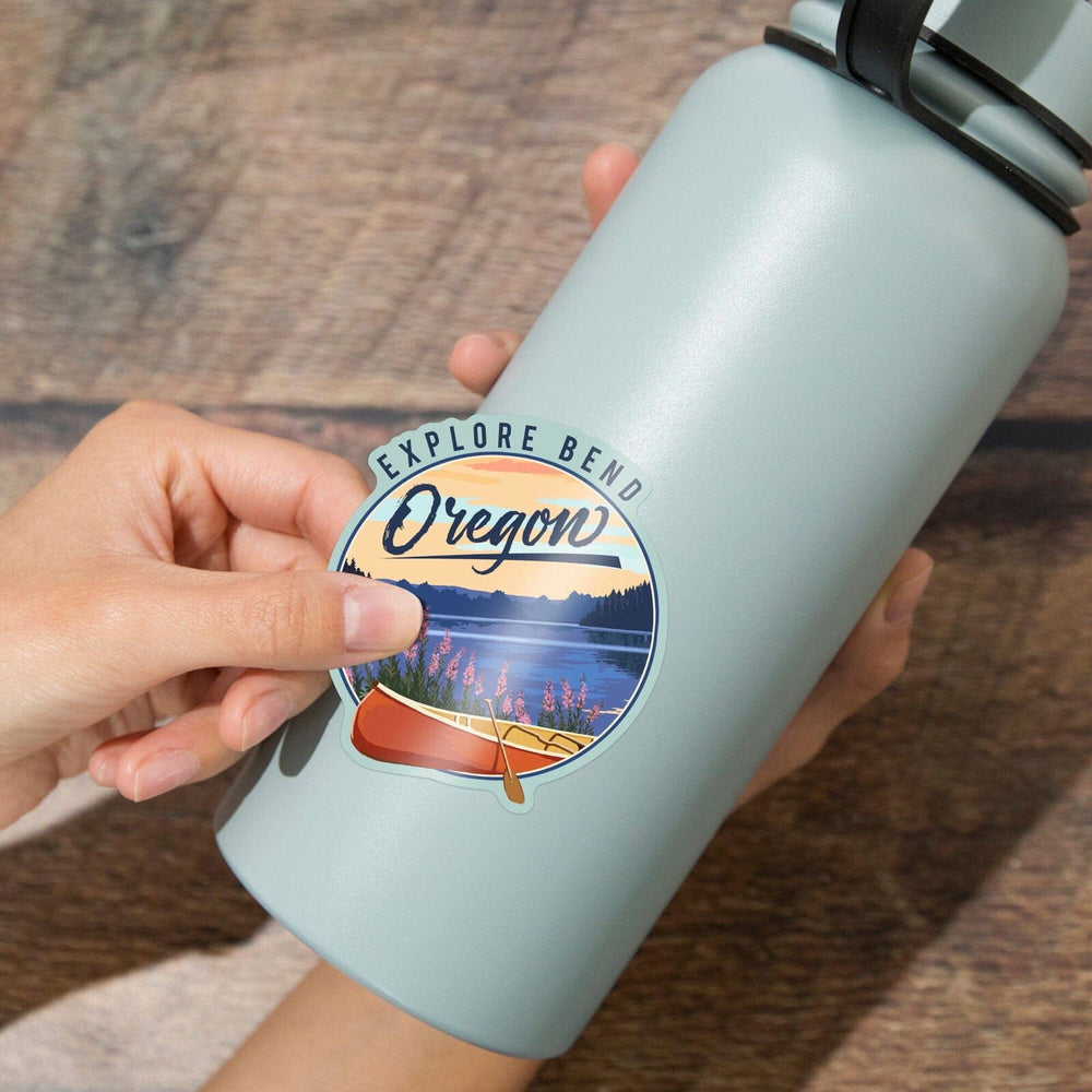 Bend, Oregon, Canoe & Lake, Contour, Lantern Press Artwork, Vinyl Sticker Sticker Lantern Press 