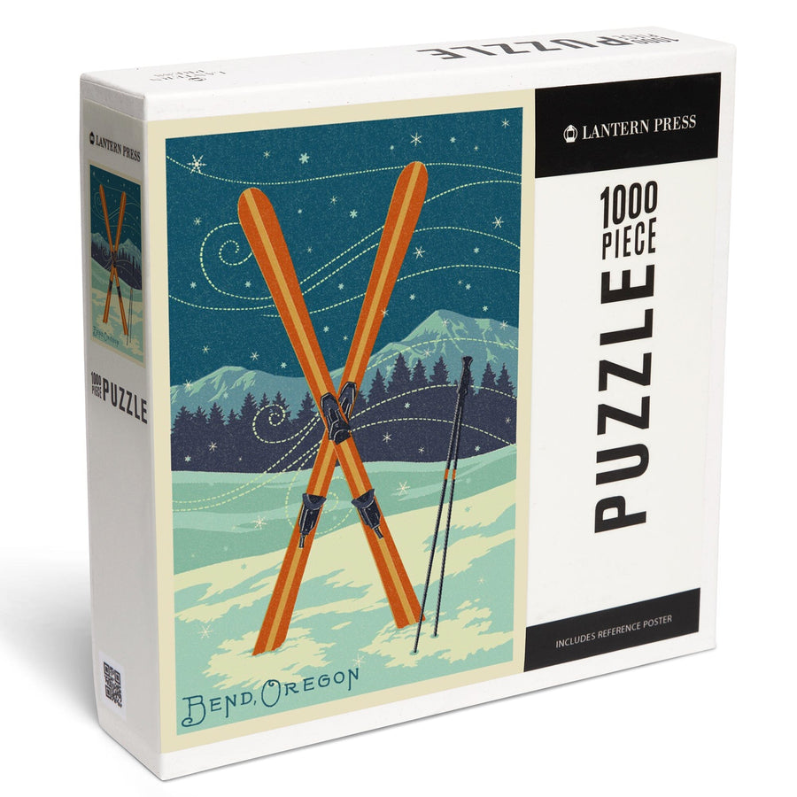 Bend, Oregon, Crossed Skis, Letterpress, Jigsaw Puzzle Puzzle Lantern Press 