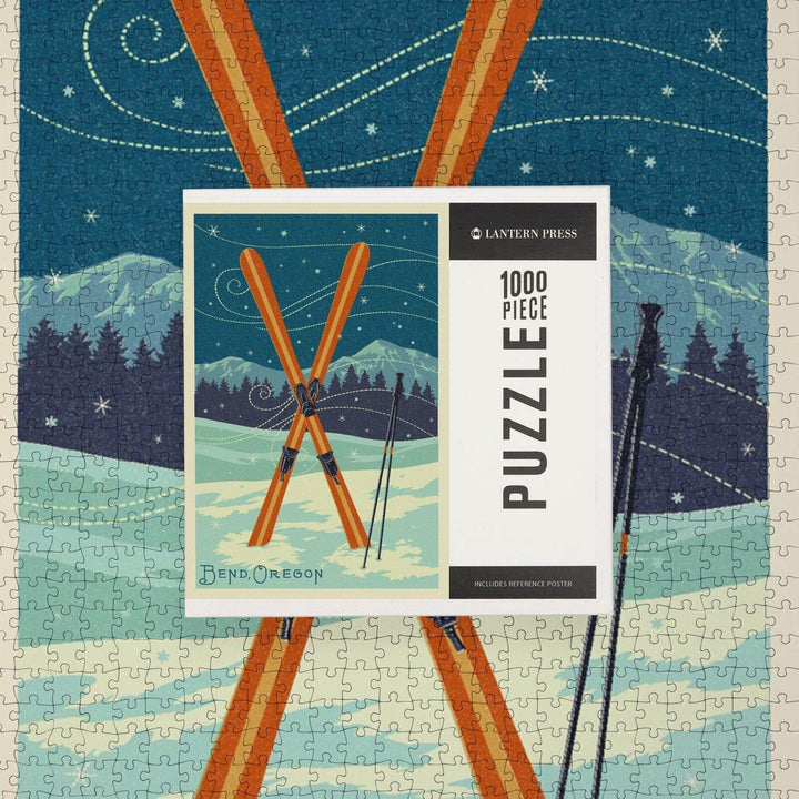 Bend, Oregon, Crossed Skis, Letterpress, Jigsaw Puzzle Puzzle Lantern Press 