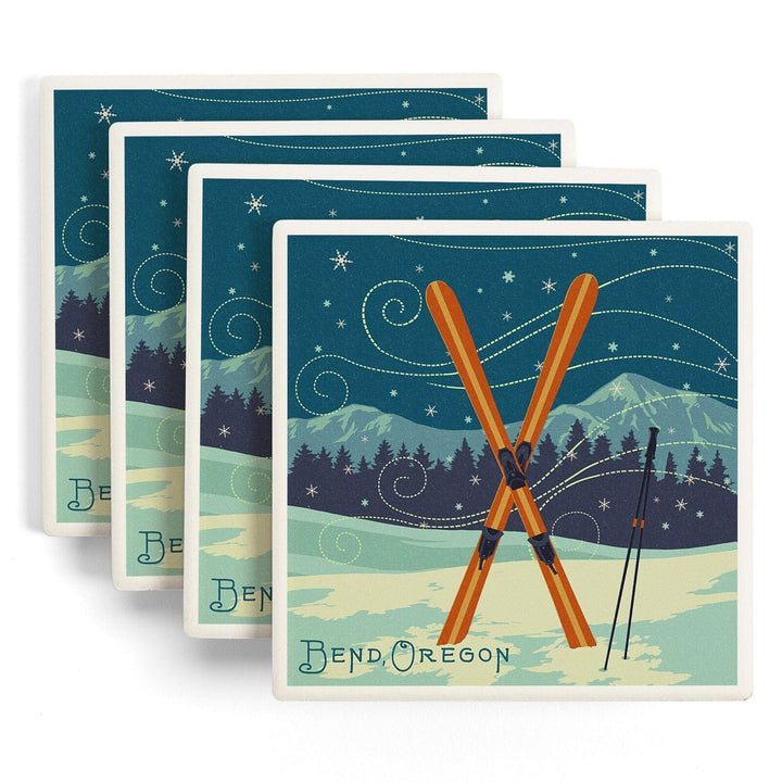 Bend, Oregon, Crossed Skis, Letterpress, Lantern Press Artwork, Coaster Set Coasters Lantern Press 