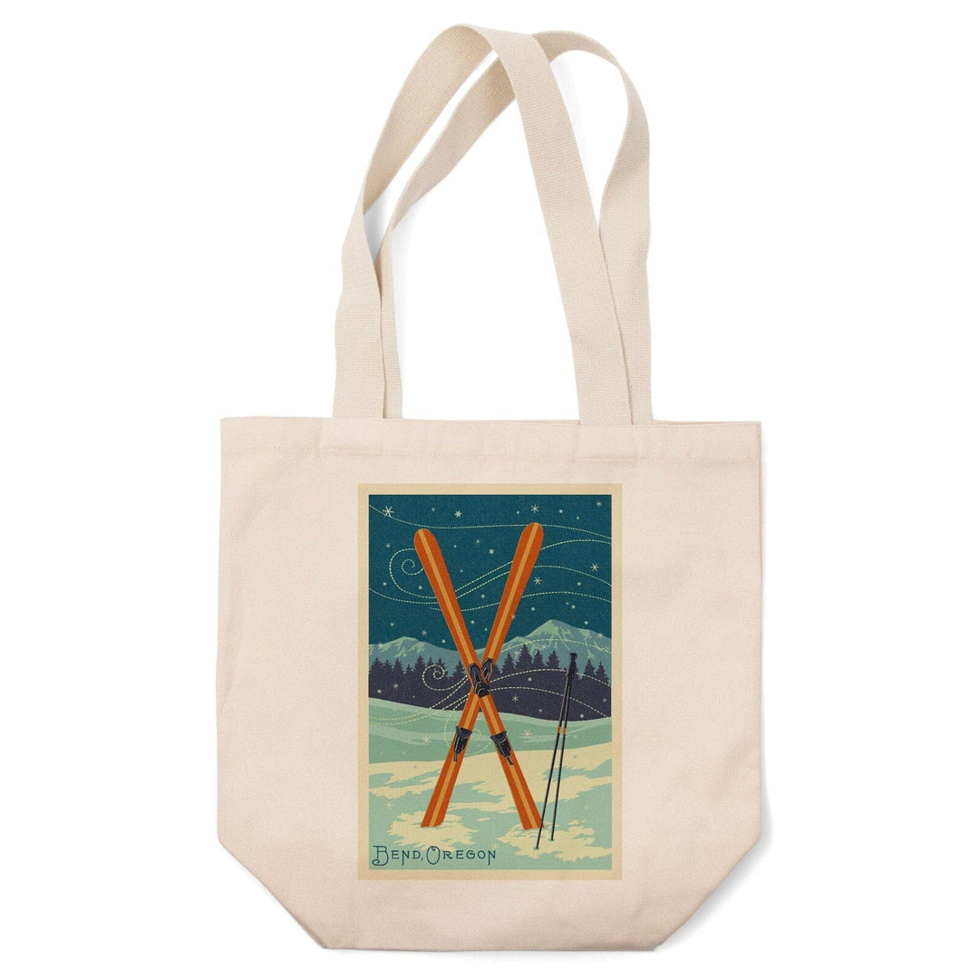 Bend, Oregon, Crossed Skis, Letterpress, Lantern Press Artwork, Tote Bag Totes Lantern Press 