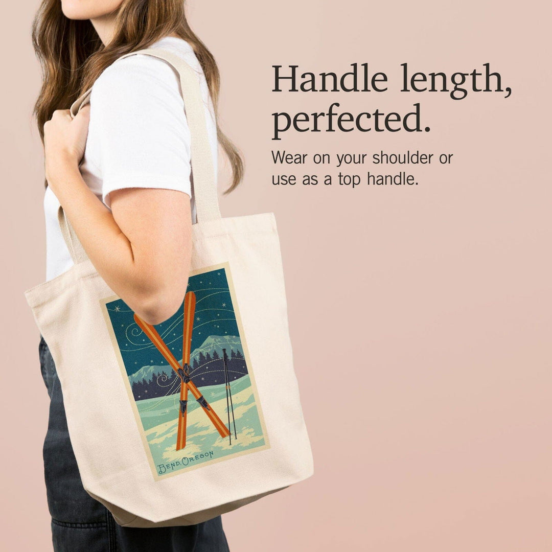 Bend, Oregon, Crossed Skis, Letterpress, Lantern Press Artwork, Tote Bag Totes Lantern Press 