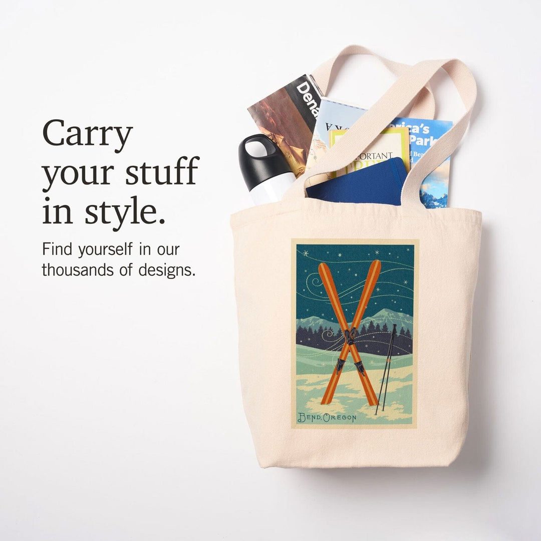 Bend, Oregon, Crossed Skis, Letterpress, Lantern Press Artwork, Tote Bag Totes Lantern Press 