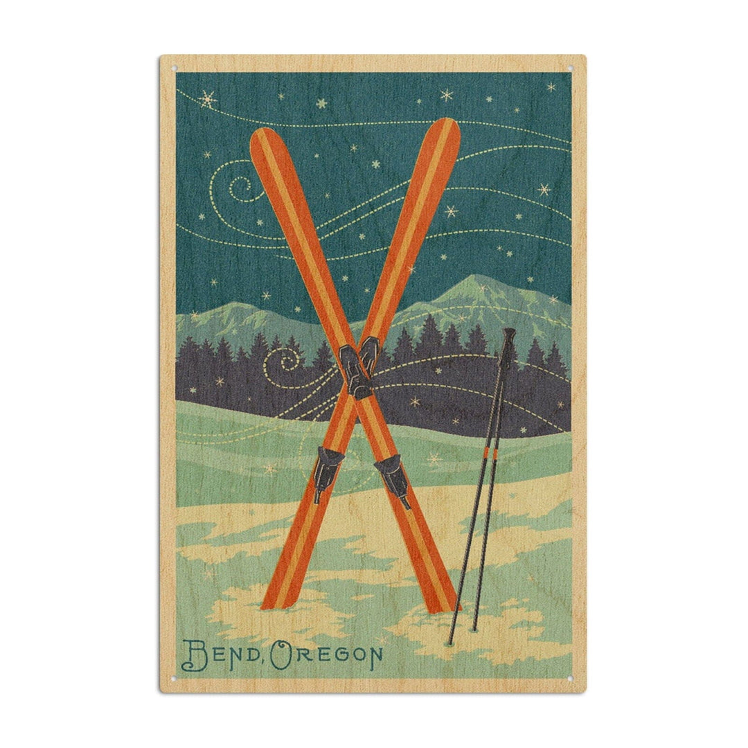 Bend, Oregon, Crossed Skis, Letterpress, Lantern Press Artwork, Wood Signs and Postcards Wood Lantern Press 10 x 15 Wood Sign 